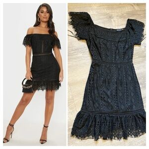PrettyLittleThing Black Ruffled Bustier Mini Dress- Size US4/EU36